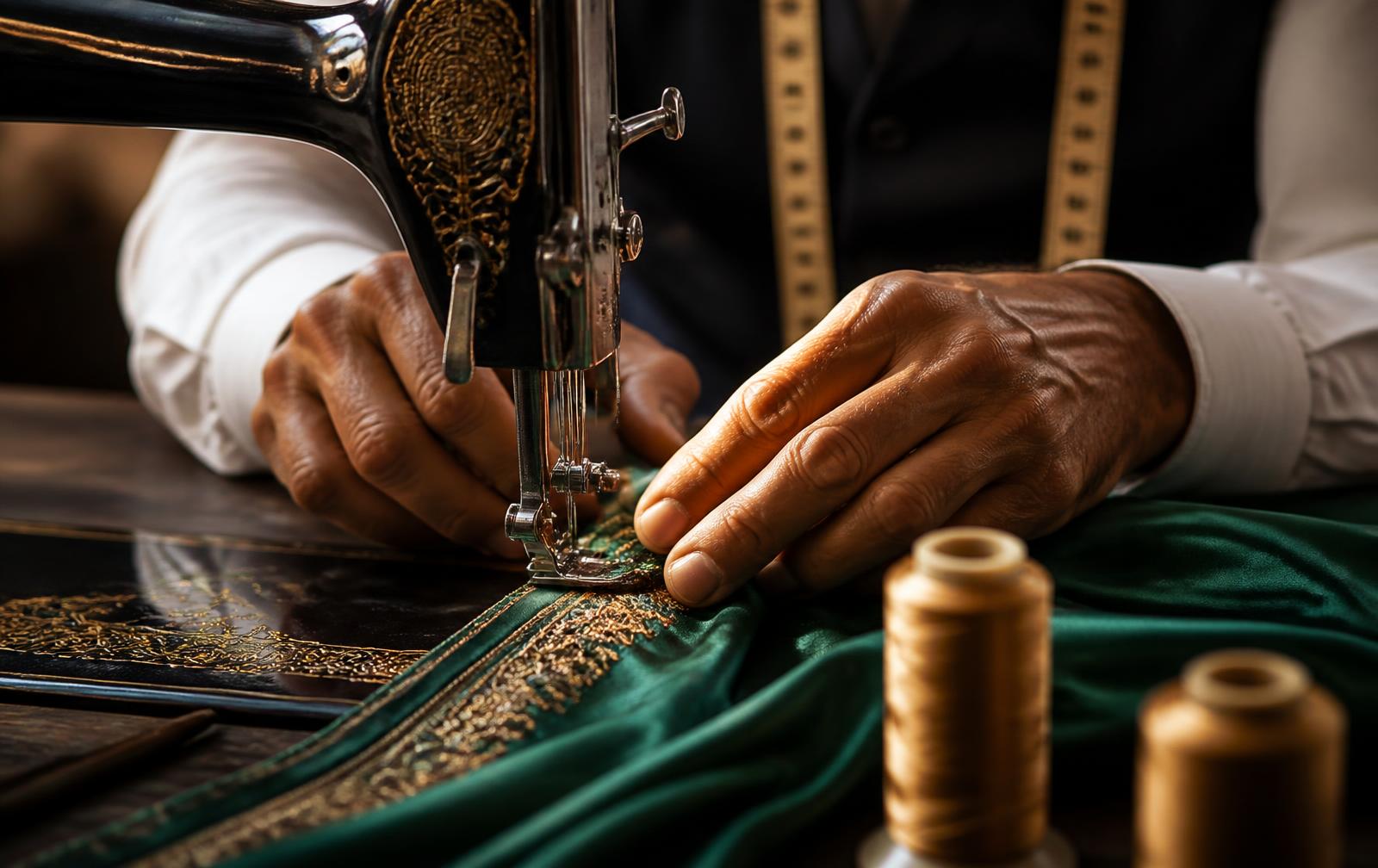 Master tailor stitching emerald silk with gold thread