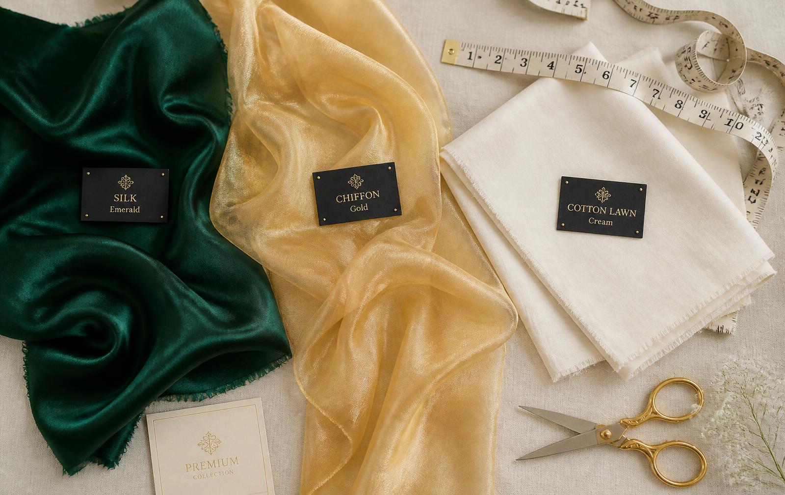 Emerald silk, gold chiffon and cream cotton lawn fabric swatches