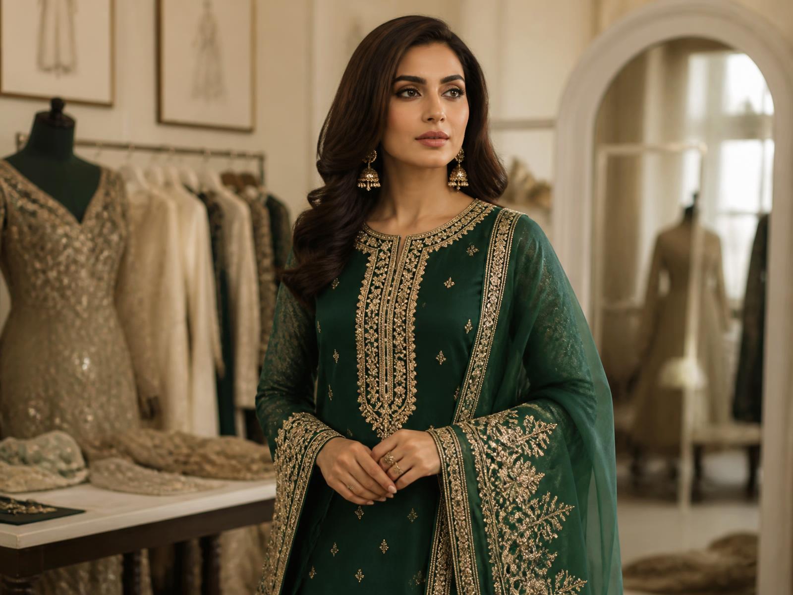Woman wearing an emerald and gold bespoke salwar kameez in a couture atelier